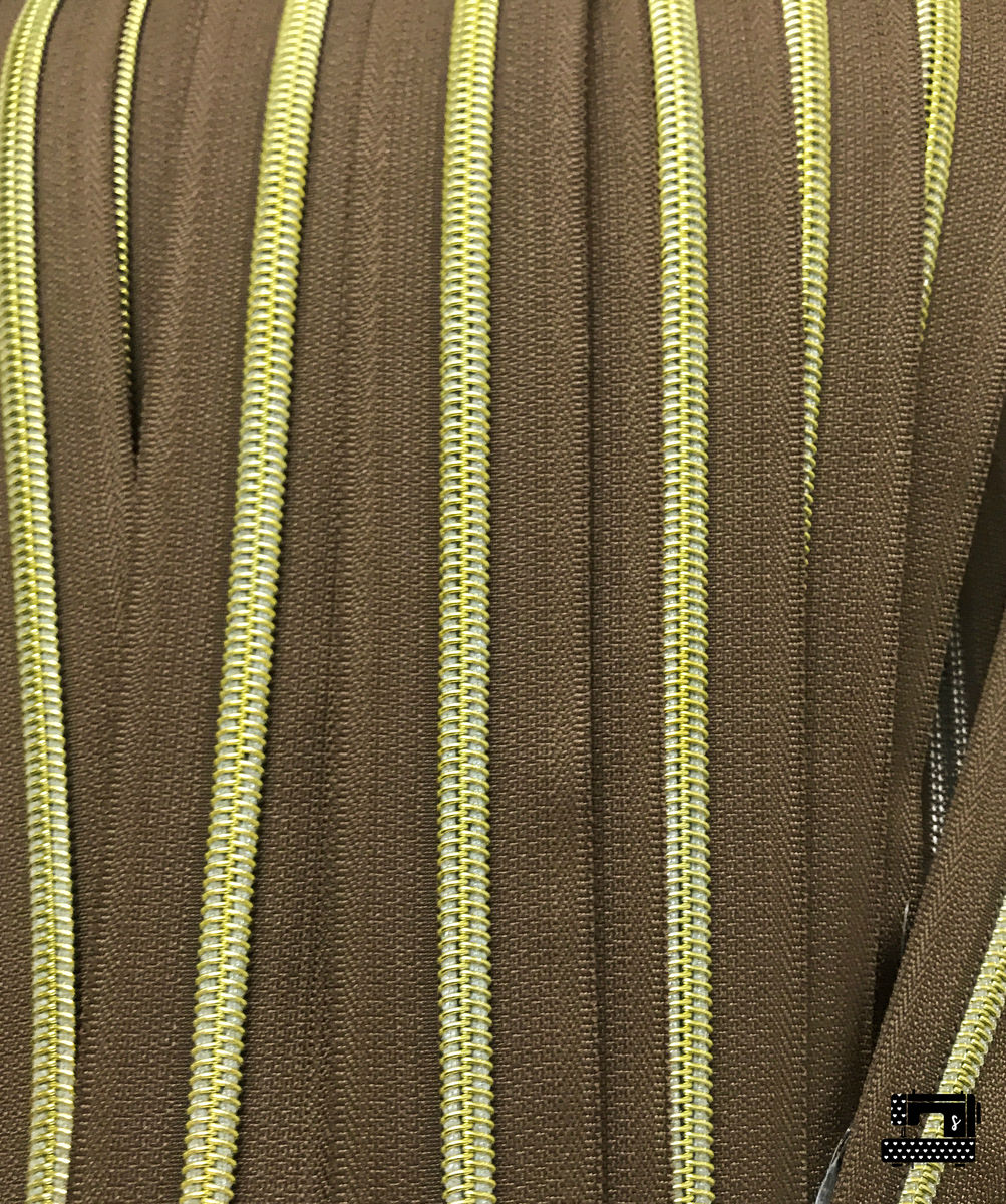 gold zipper on mocha brown